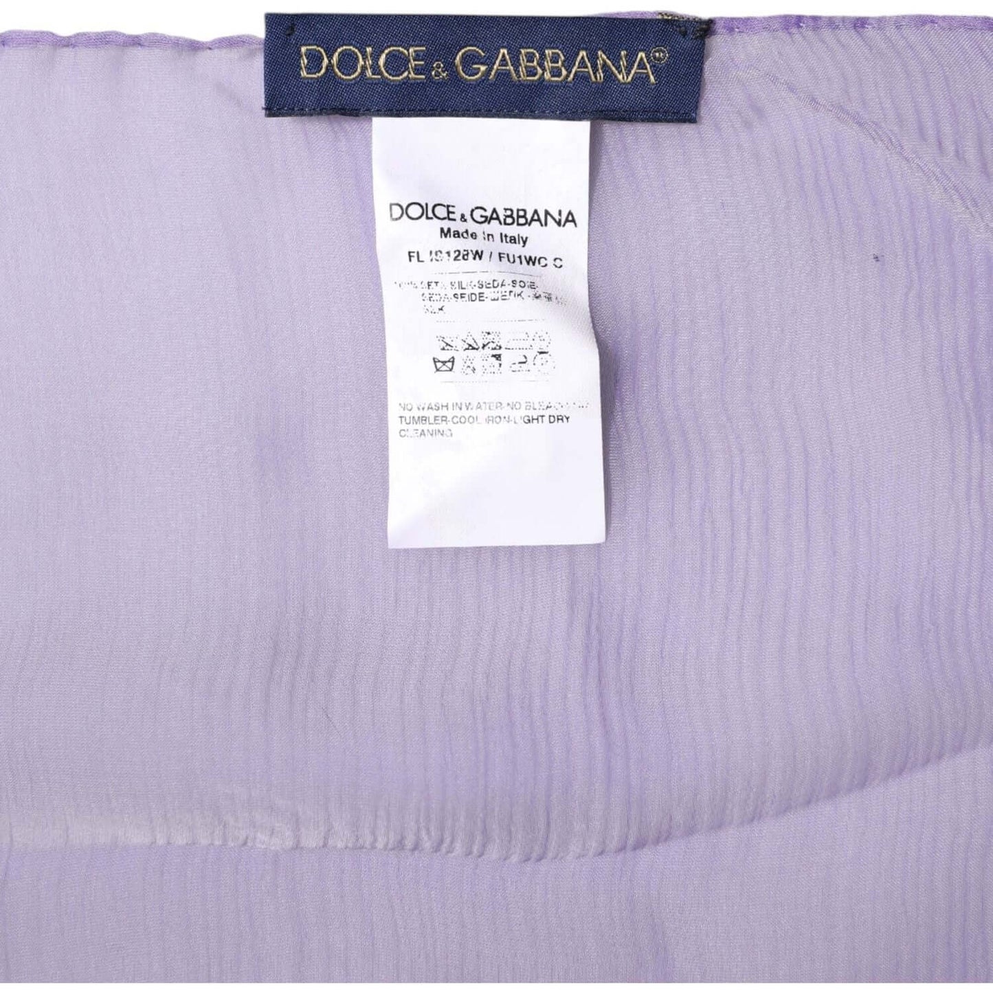 Dolce & Gabbana purple silk rectangle wrap shawl scarf with logo tag and care instructions, made in Italy.