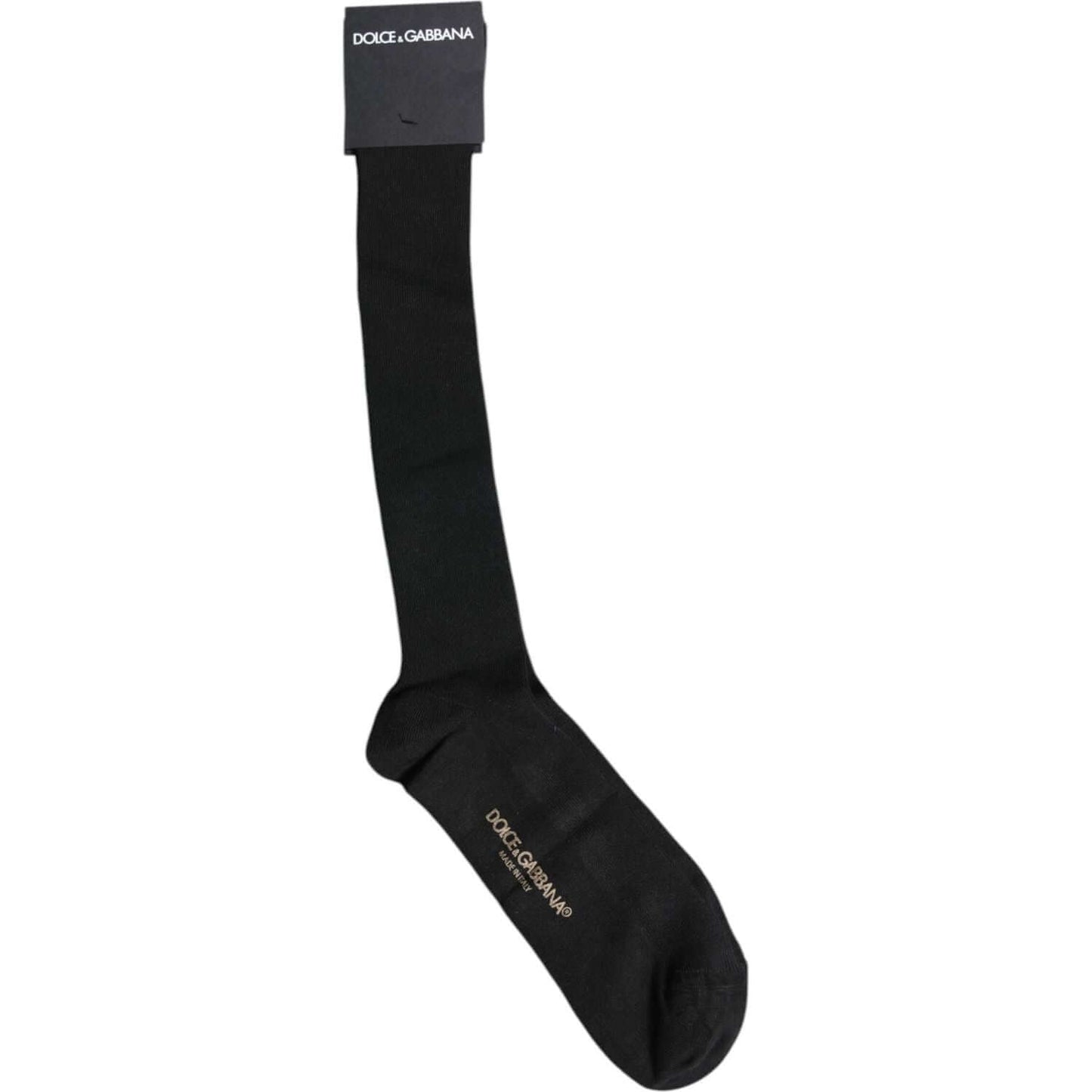 Dolce & Gabbana black viscose over the calf socks with logo, designed for men. Made in Italy, product shows missing tag.