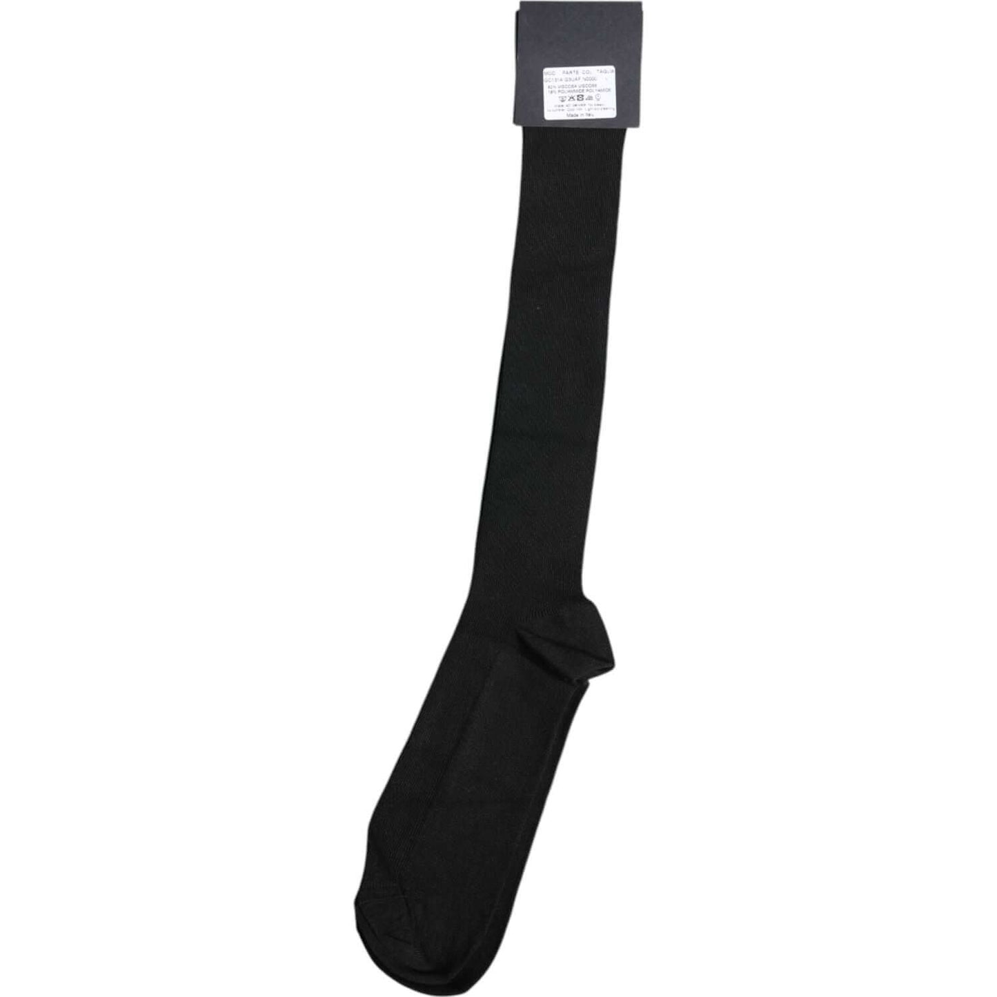 Dolce & Gabbana men's black viscose over the calf socks with logo, made in Italy, featuring minor defect.