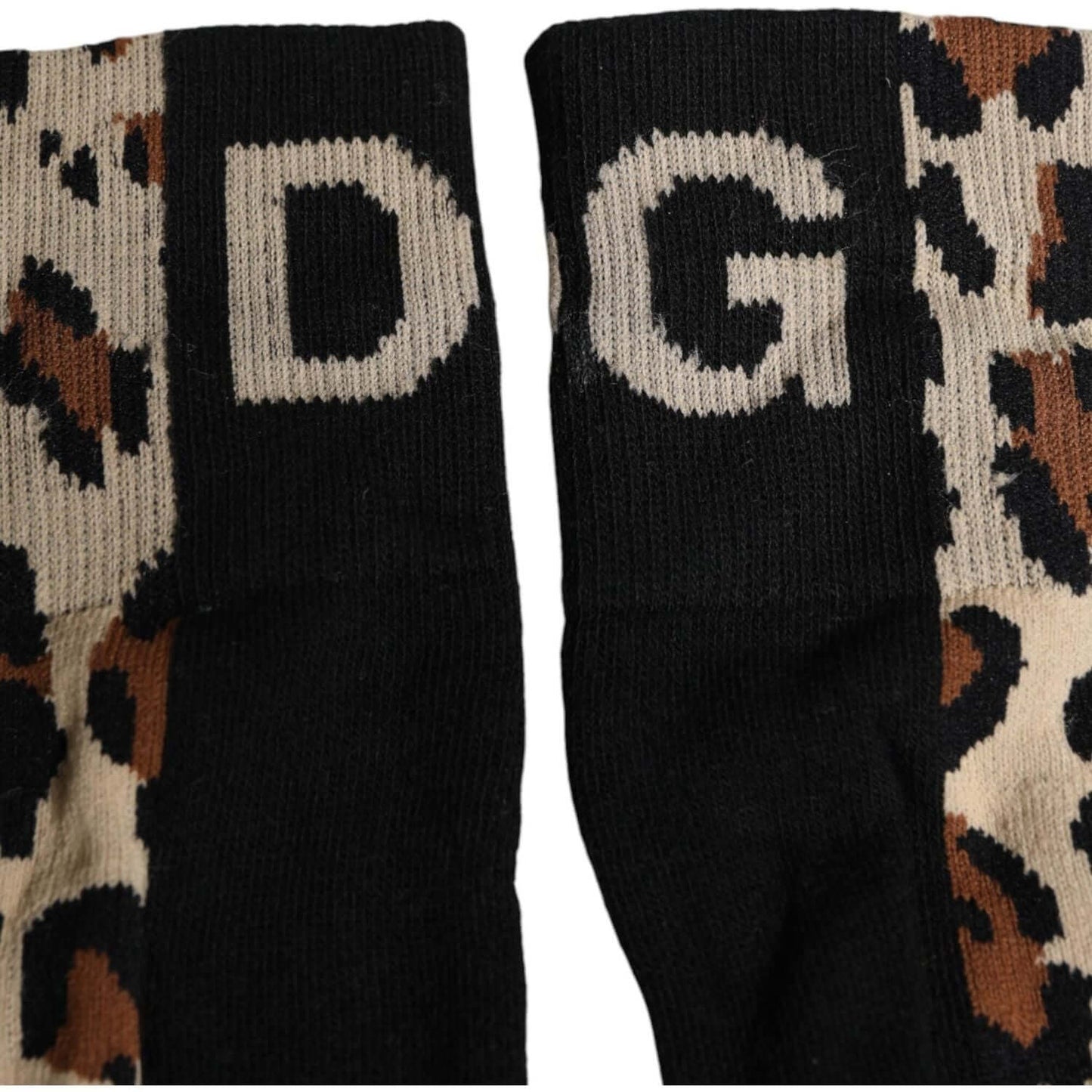 Dolce & Gabbana black brown leopard print nylon mid calf socks for men with logo details, made in Italy.