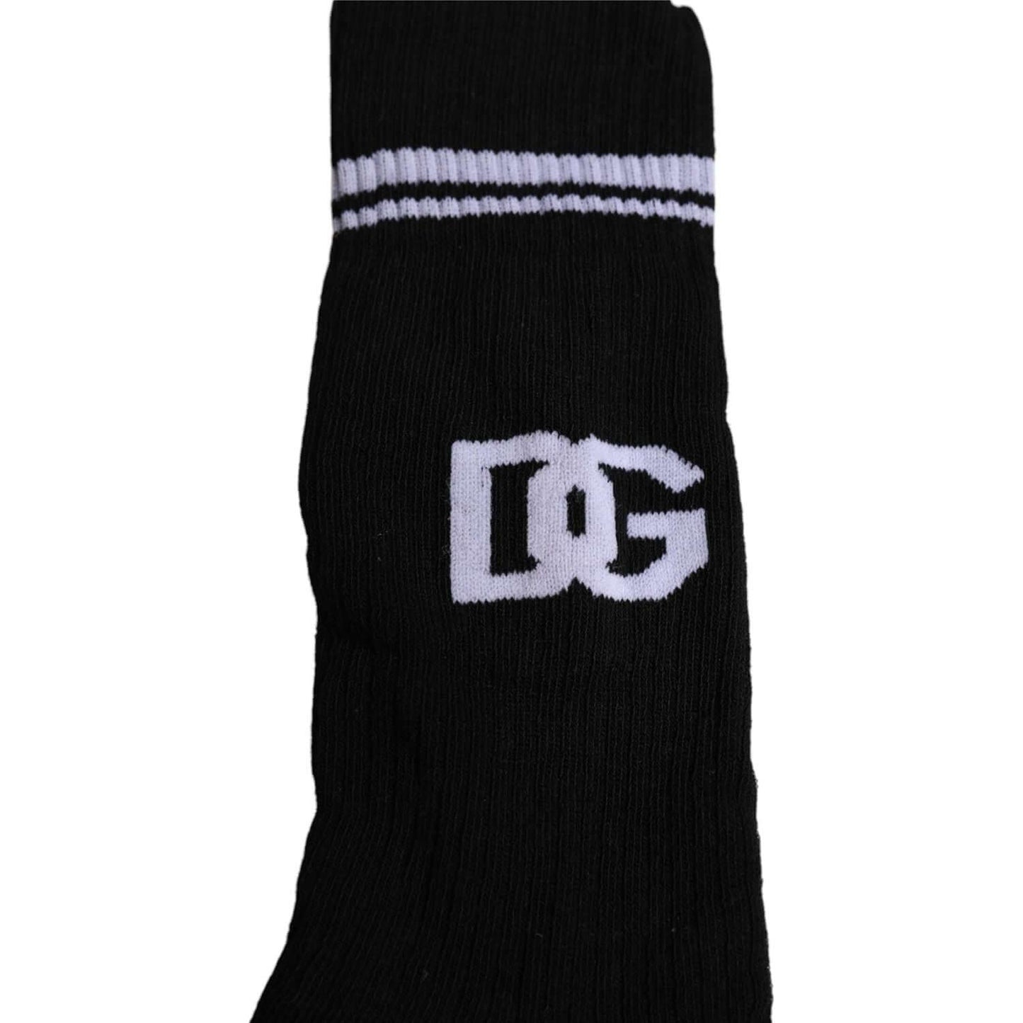 Dolce & Gabbana black cotton men's mid calf socks with white DG logo, made in Italy, featuring striped top detail.