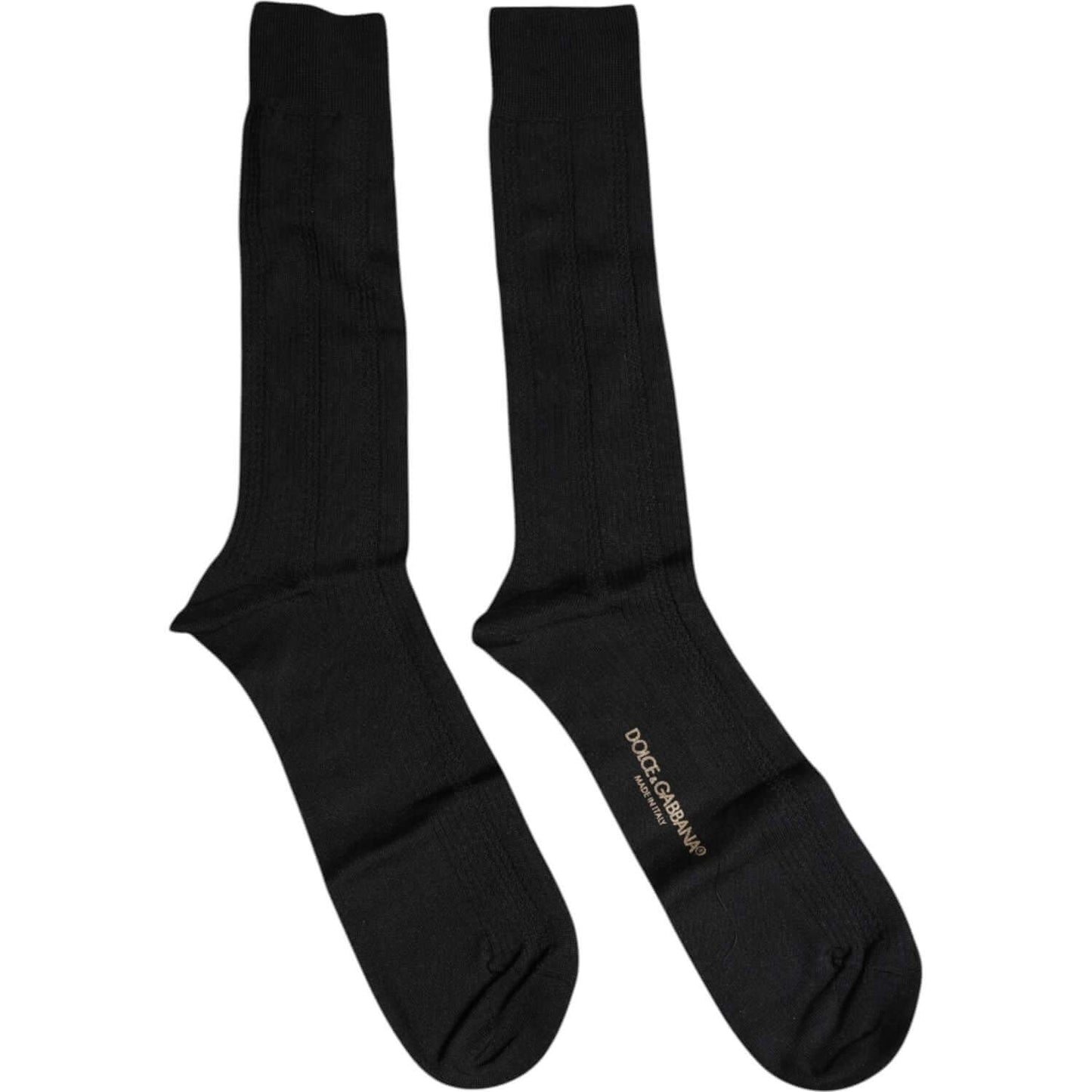 Dolce & Gabbana black cotton mid-calf men's socks with logo details, made in Italy. Luxurious new socks for stylish men.
