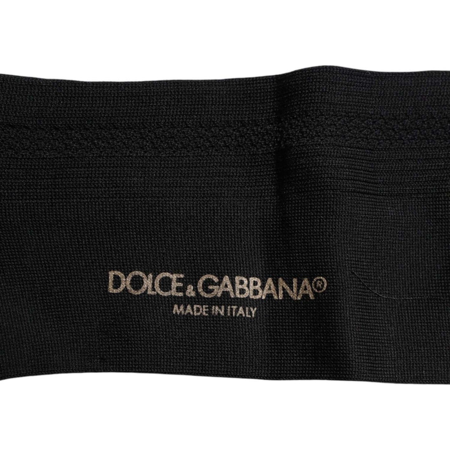 Dolce & Gabbana black cotton mid-calf men's socks with logo, 100% authentic, made in Italy, close-up of logo details.
