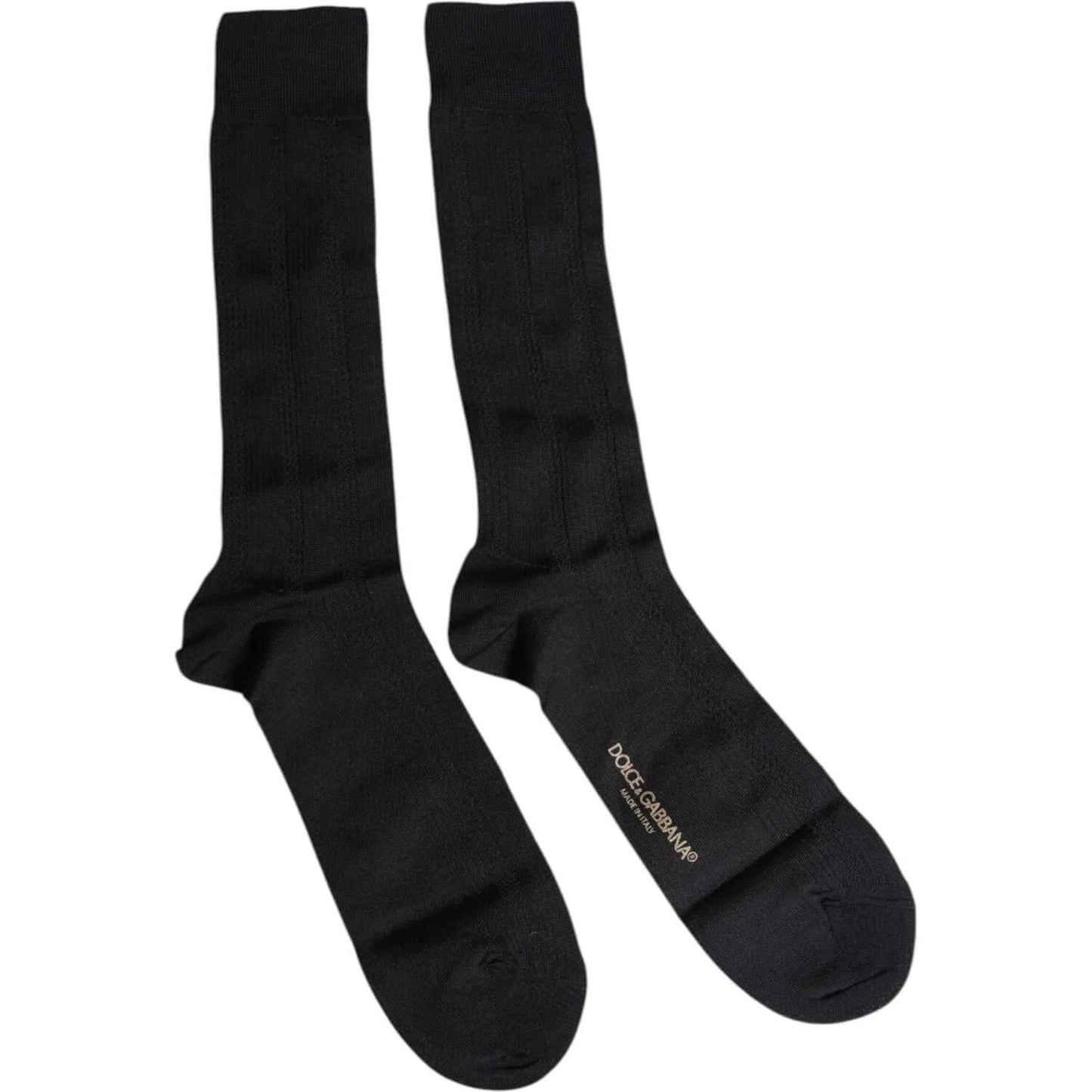 Dolce & Gabbana black stretch mid calf men's socks with logo details, made in Italy. Luxury fashion accessory for men.