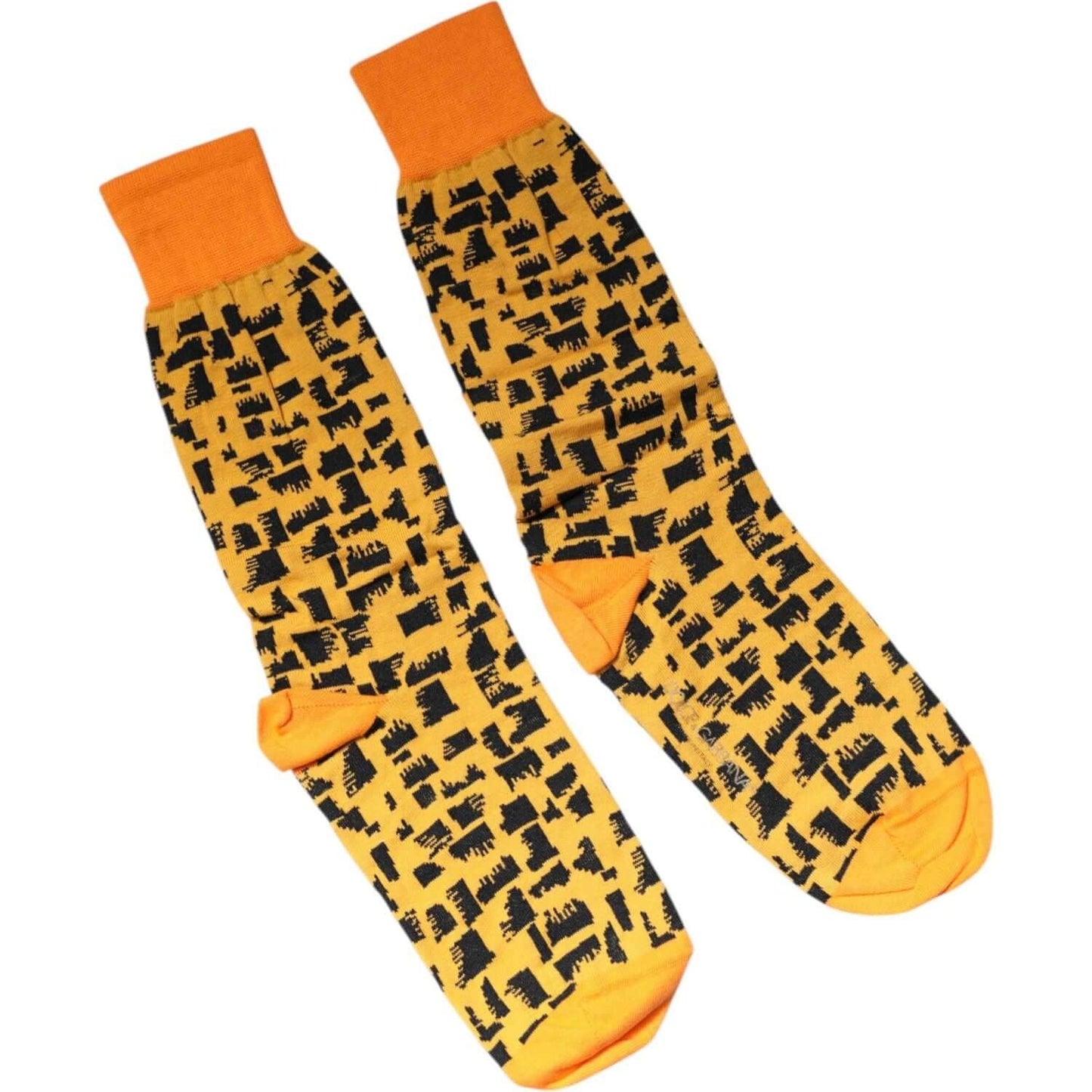 Dolce & Gabbana men's mid calf socks in yellow with black print, featuring logo details, made in Italy.