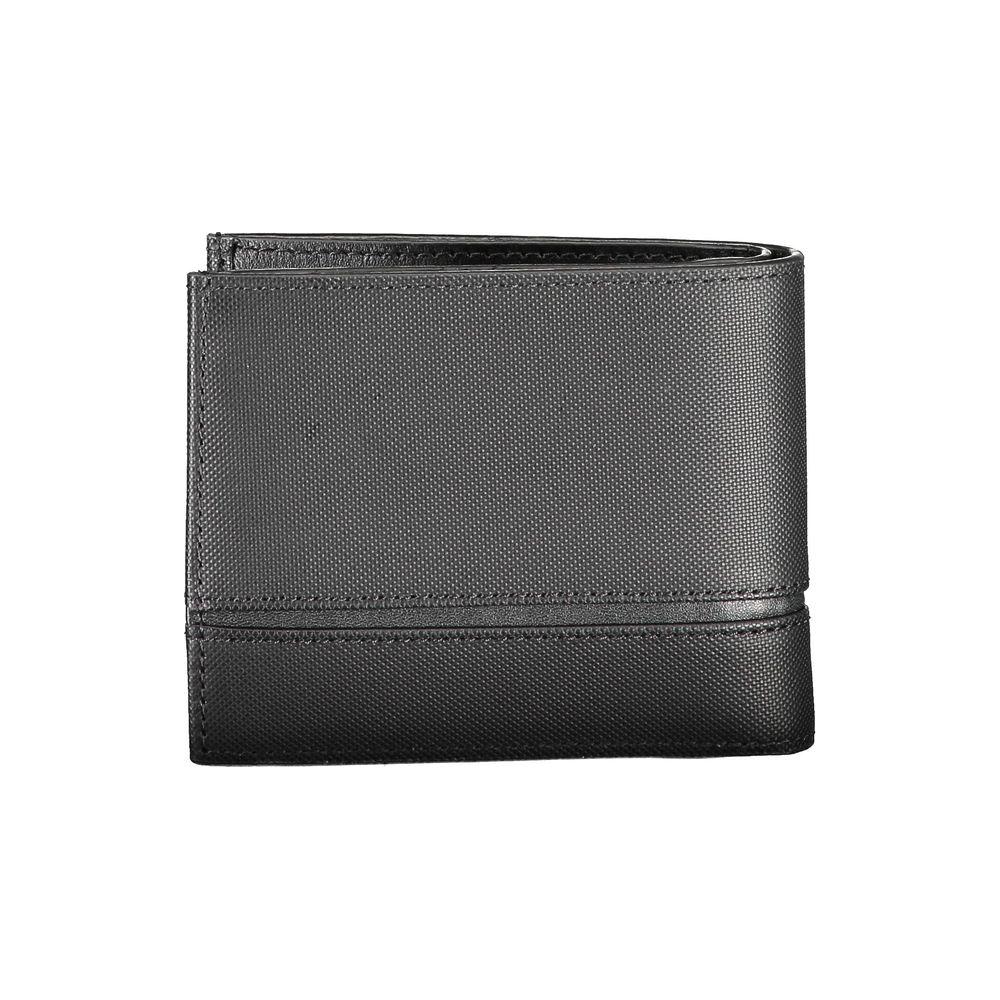 Calvin Klein black leather men's wallet with RFID protection, multiple card slots, and coin purse for modern style and functionality.