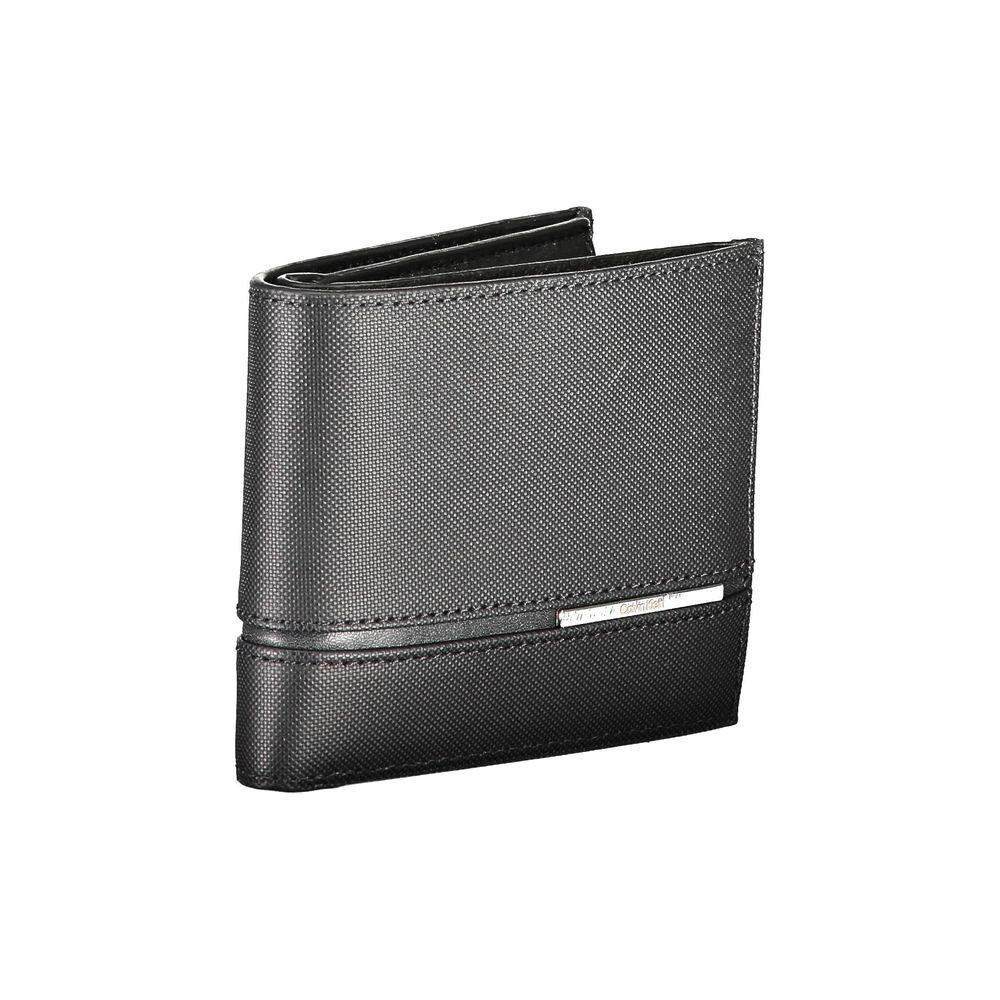 Calvin Klein black leather men's wallet with RFID-blocking, coin purse, cash compartments, and card slots for modern style and functionality.