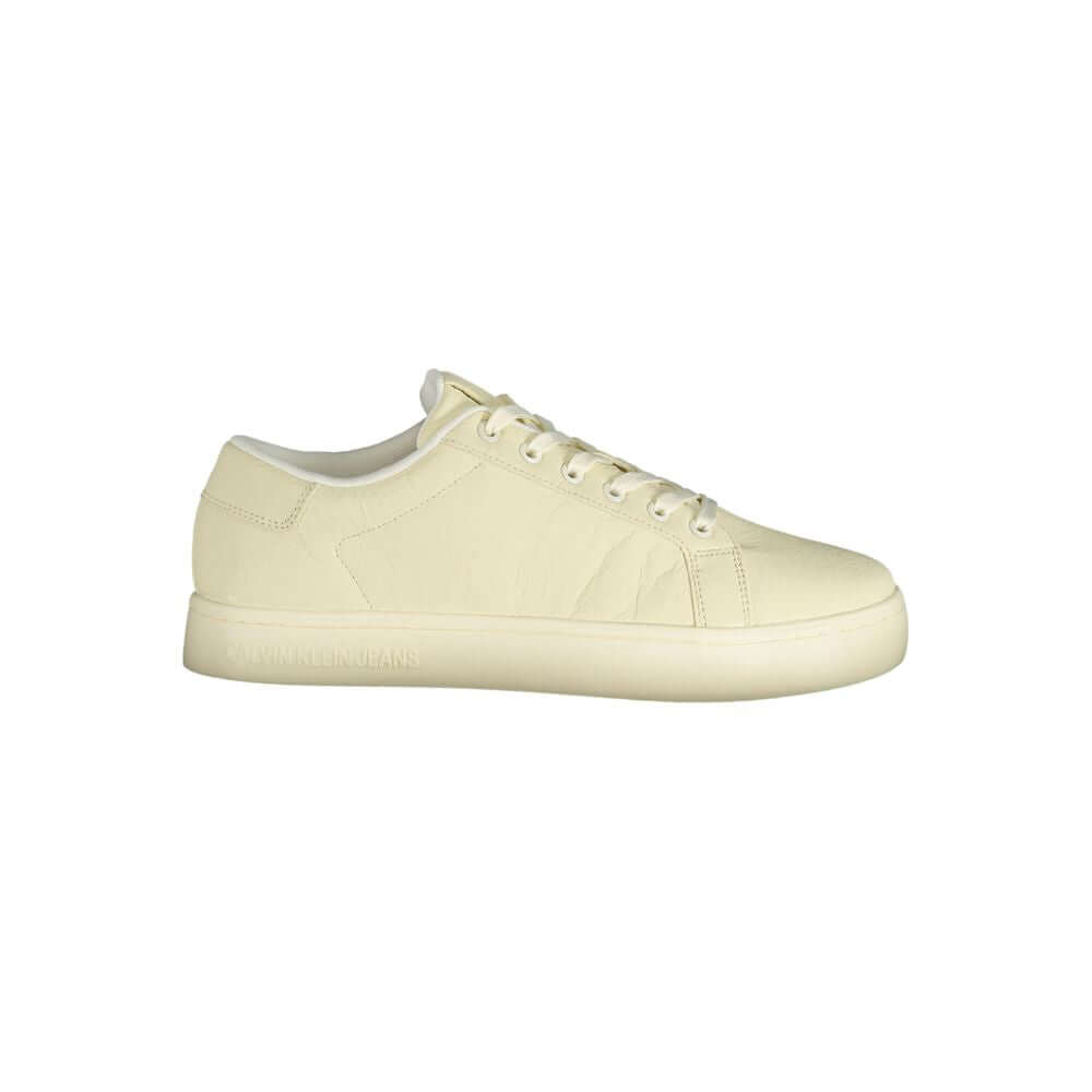 Calvin Klein white polyester men's sneaker with breathable upper and removable footbed, ideal for fashion-forward athleisure wear.