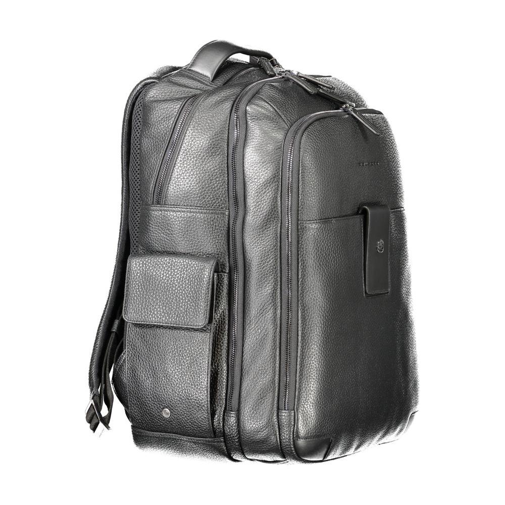 Piquadro black leather men's backpack with front pocket, side pockets, and padded laptop compartment.