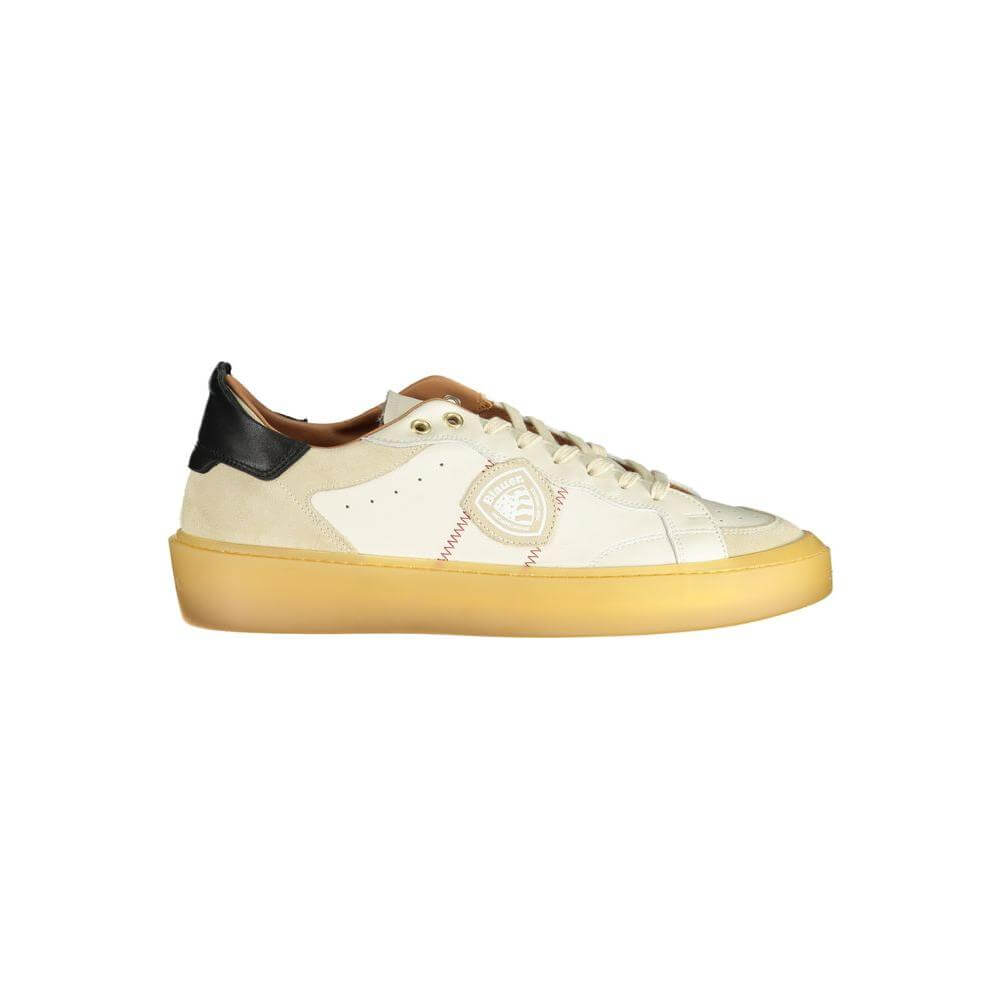Blauer white leather men's sneaker with bold contrasting details and iconic logo, featuring a comfortable removable insole for tailored support.