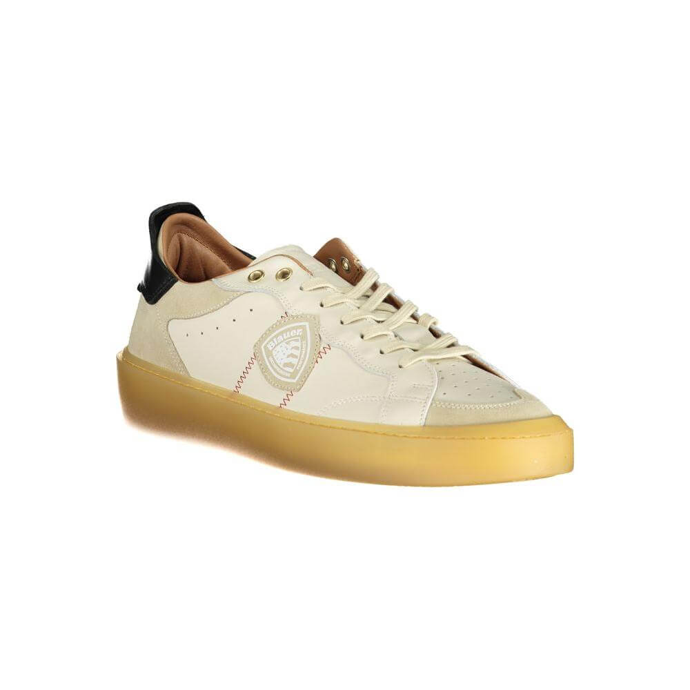 Blauer white leather men's sneaker featuring bold contrasting details and iconic logo on a casual design with a removable insole for comfort.