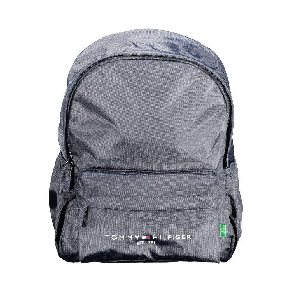 Tommy Hilfiger blue polyester men's backpack with logo, adjustable straps, eco-friendly material, and multiple pockets.