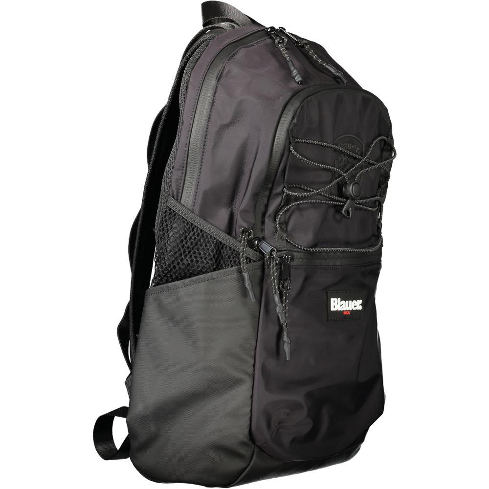 Blauer black polyester men's backpack with adjustable straps, laptop space, and multiple pockets, ideal for urban commuting.
