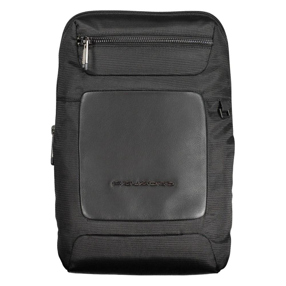 Piquadro black recycled polyethylene men's shoulder bag with eco-friendly design and elegant style, featuring external pockets.