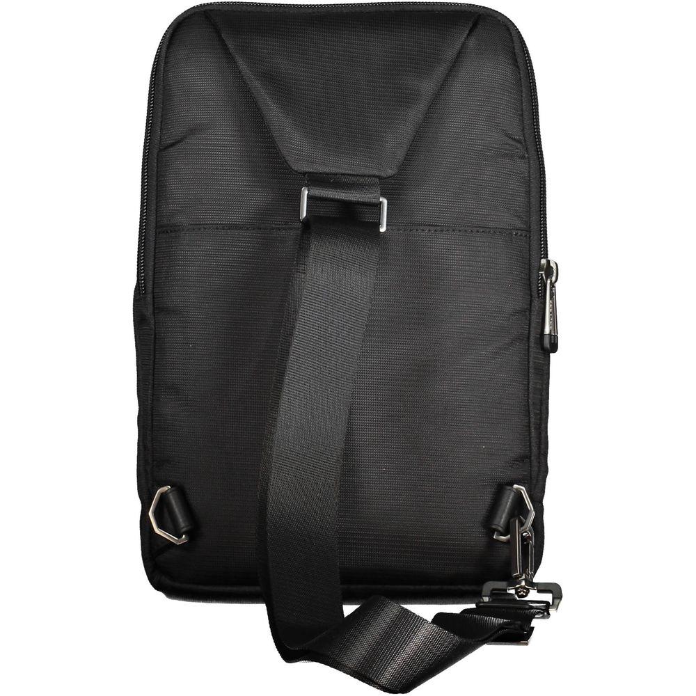Piquadro Black Recycled Polyethylene Men Shoulder Bag with single strap and zippered compartments, eco-friendly and stylish design.
