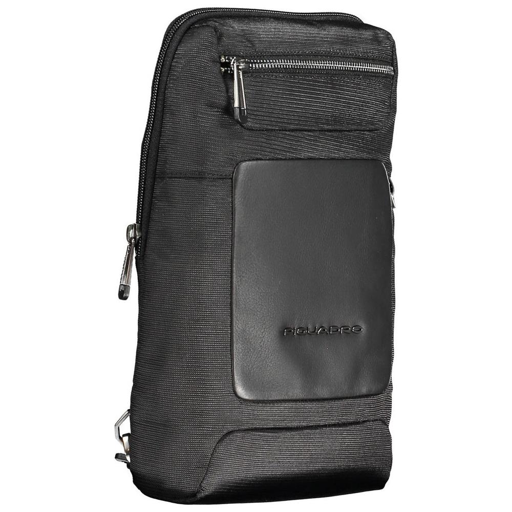 Piquadro Black Recycled Polyethylene Men's Shoulder Bag, eco-friendly, stylish design with external pockets and adjustable strap.