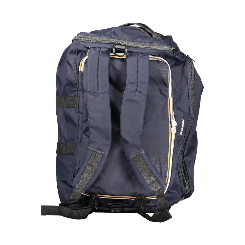 Alt Tag: K-WAY blue polyester sports bag convertible to backpack with shoulder pocket, adjustable strap, zipper, and logo.