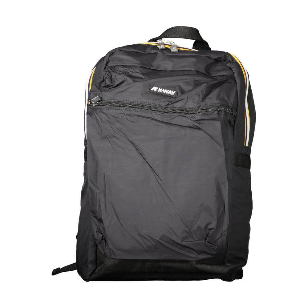 K-WAY black polyamide men's backpack with contrast detailing and multiple pockets, showcasing sleek, modern design and functionality.