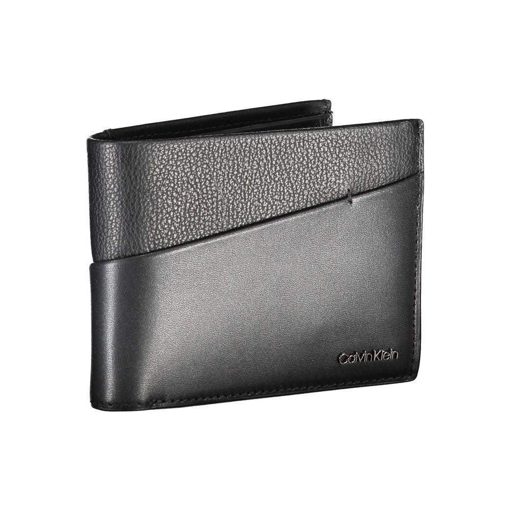 Calvin Klein black leather bi-fold men's wallet with RFID-blocking, featuring sleek contrast details and discreet logo.