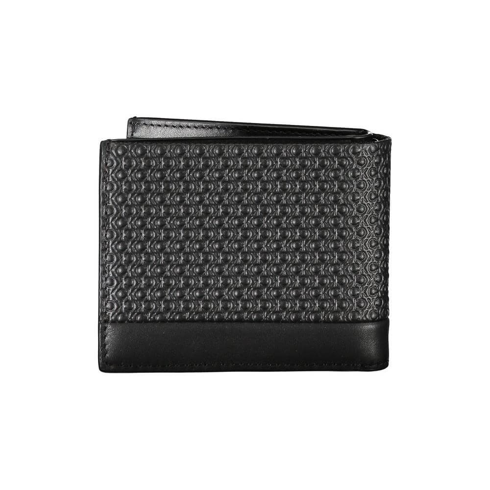 Calvin Klein black leather RFID wallet with embossed design and secure card slots, sophisticated and practical accessory.