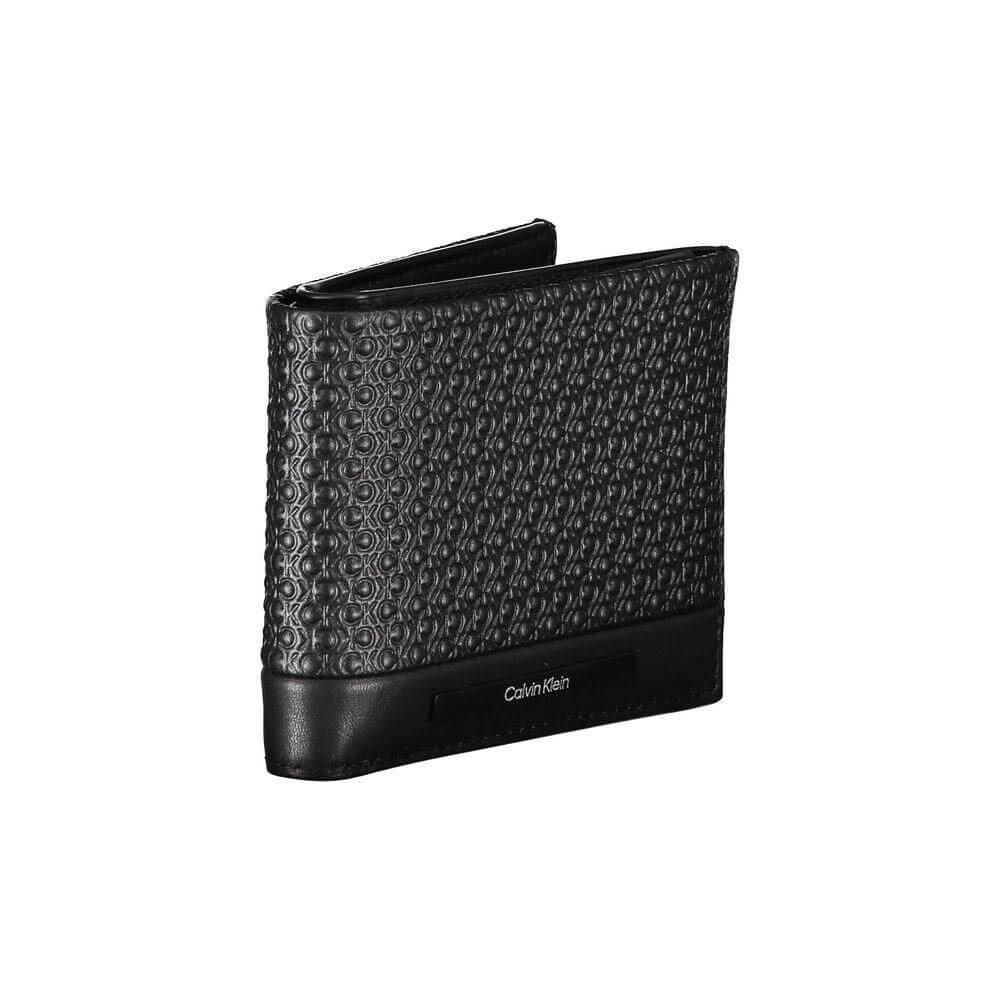 Calvin Klein elegant black leather RFID wallet with embossed design, featuring compartments, card slots, and logo detail for security and style.