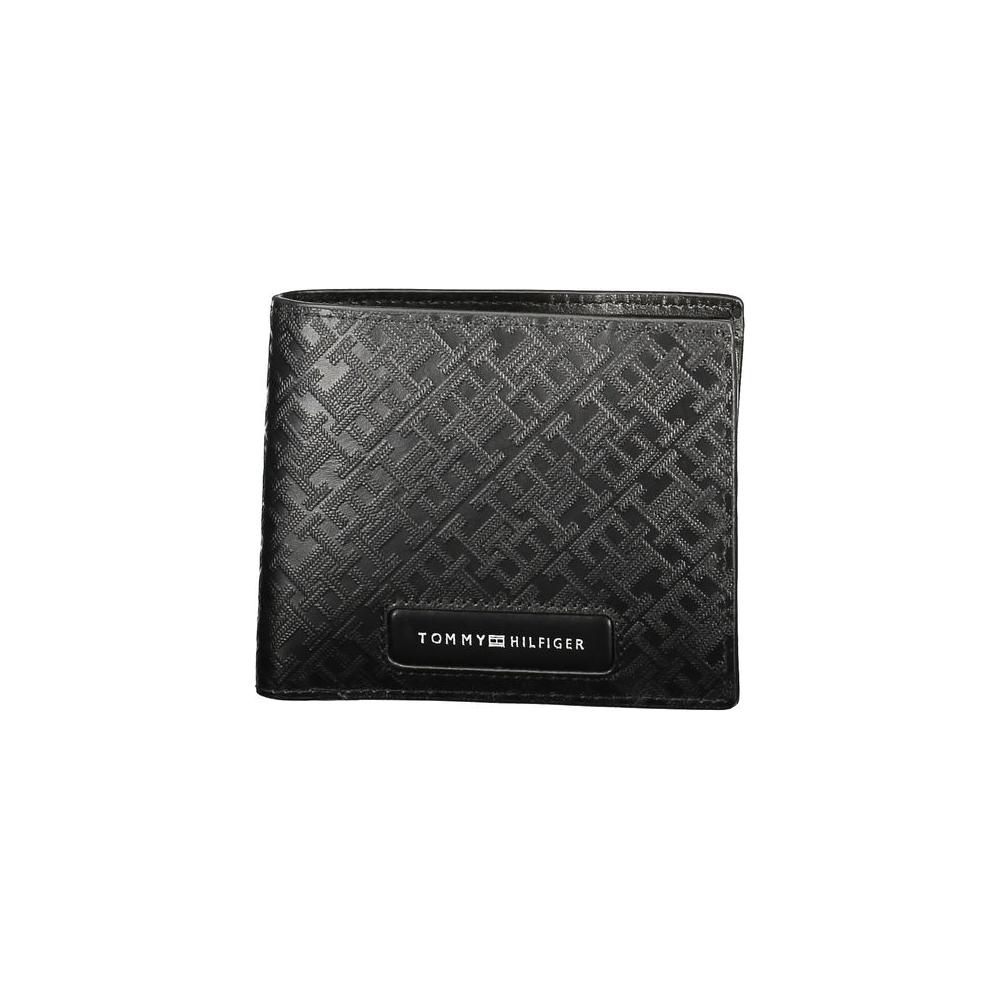 Tommy Hilfiger black leather men's wallet with embossed pattern and logo, featuring multiple compartments for cards and coins.