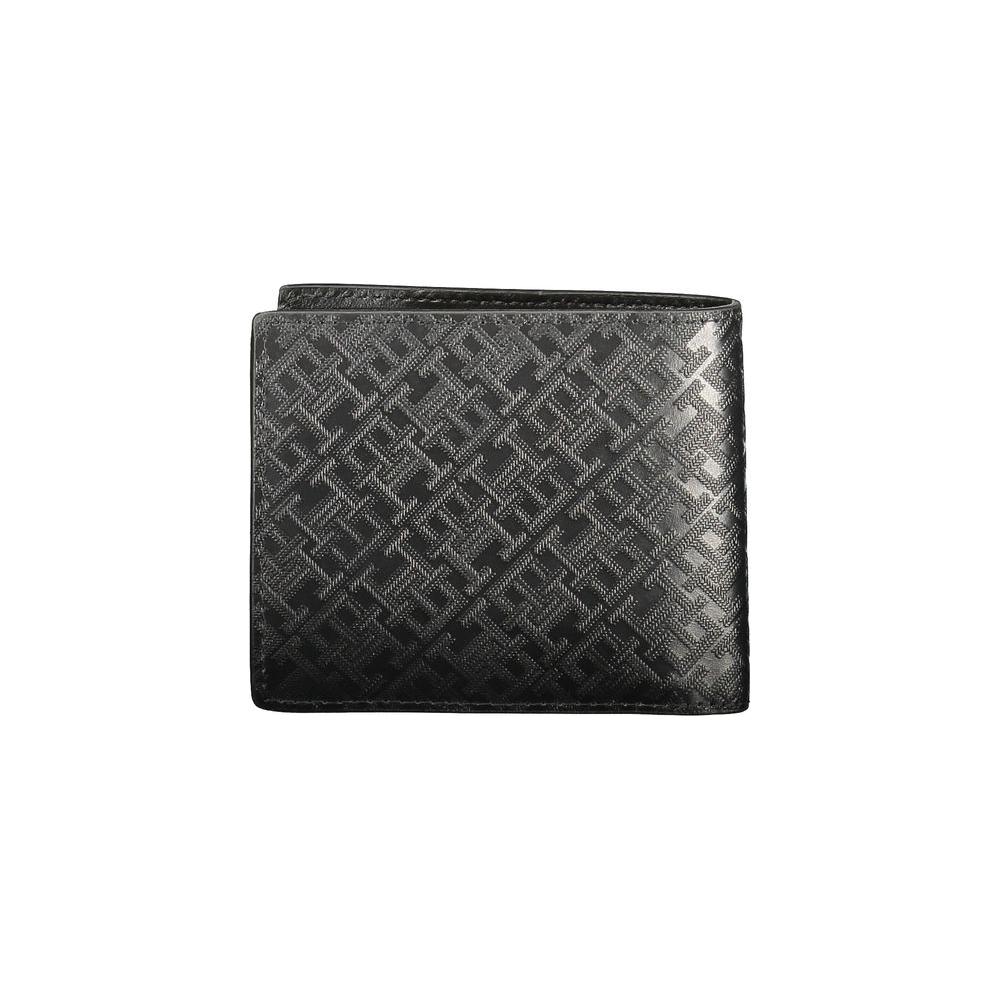 Tommy Hilfiger Black Leather Men’s Wallet with textured pattern, featuring compartments, card slots, and iconic logo design.