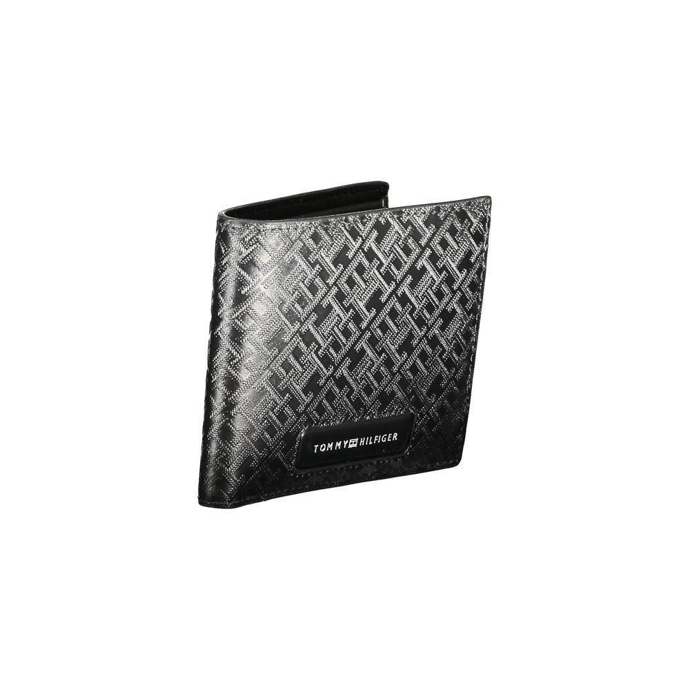 Tommy Hilfiger black leather men's wallet with textured design and logo, featuring multiple compartments and card slots for functionality.