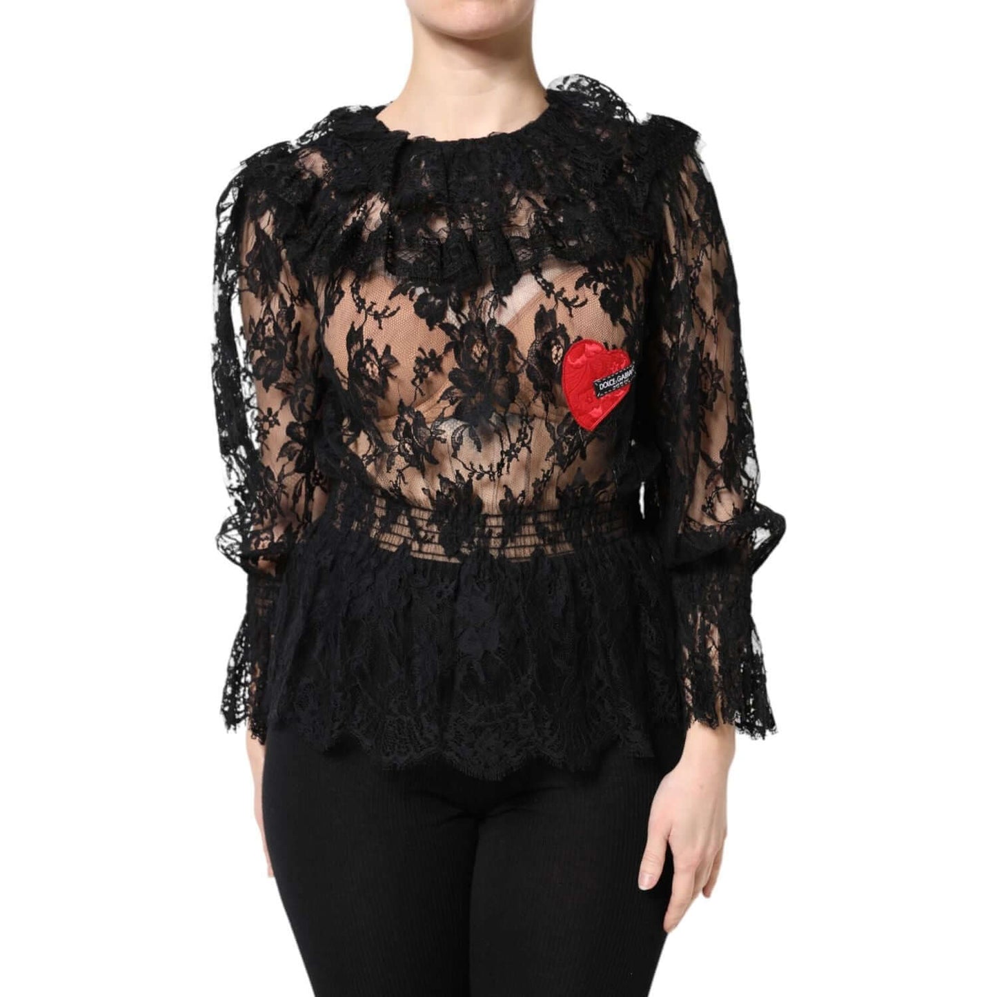 Dolce & Gabbana black floral lace blouse, women's long sleeve, elegant design, 52% cotton, Italian-made fashion top
