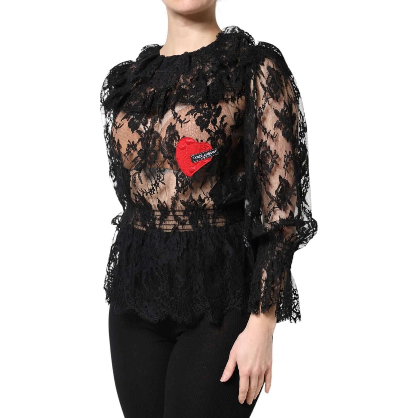 Dolce & Gabbana black cotton floral lace blouse with long sleeves, featuring a red heart logo detail, elegant women's fashion top.