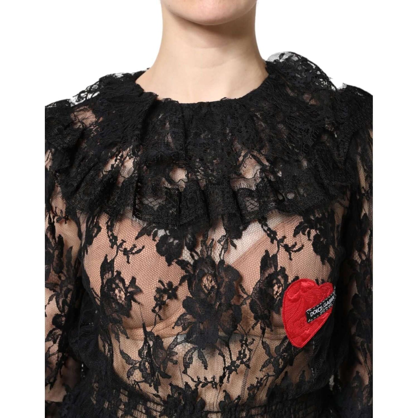 Dolce & Gabbana black floral lace blouse with logo detail, long sleeves, women's top, handcrafted in Italy.
