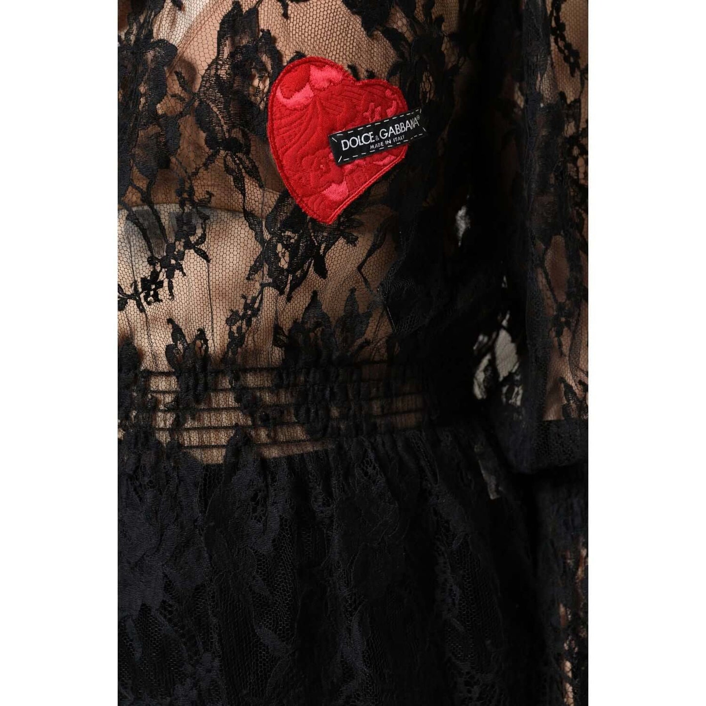Dolce & Gabbana black floral lace blouse with red heart logo detail, made from cotton blend, showcasing elegant craftsmanship.