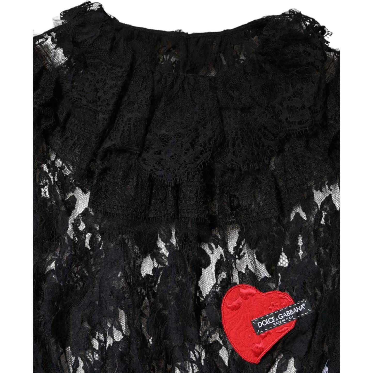 Dolce & Gabbana black floral lace women's blouse with long sleeves, featuring red heart logo detail, made in Italy.