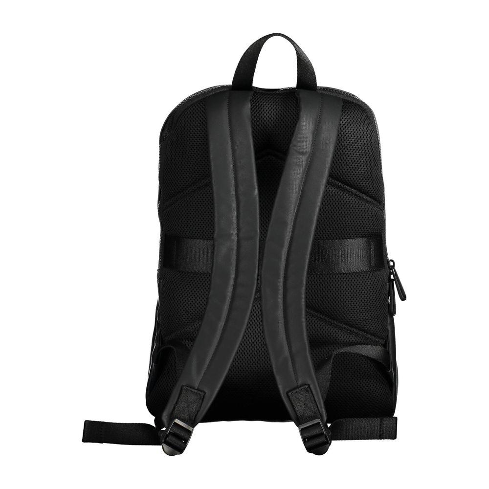 Calvin Klein black polyester men's backpack with adjustable straps, showcasing eco-friendly design and modern functionality.
