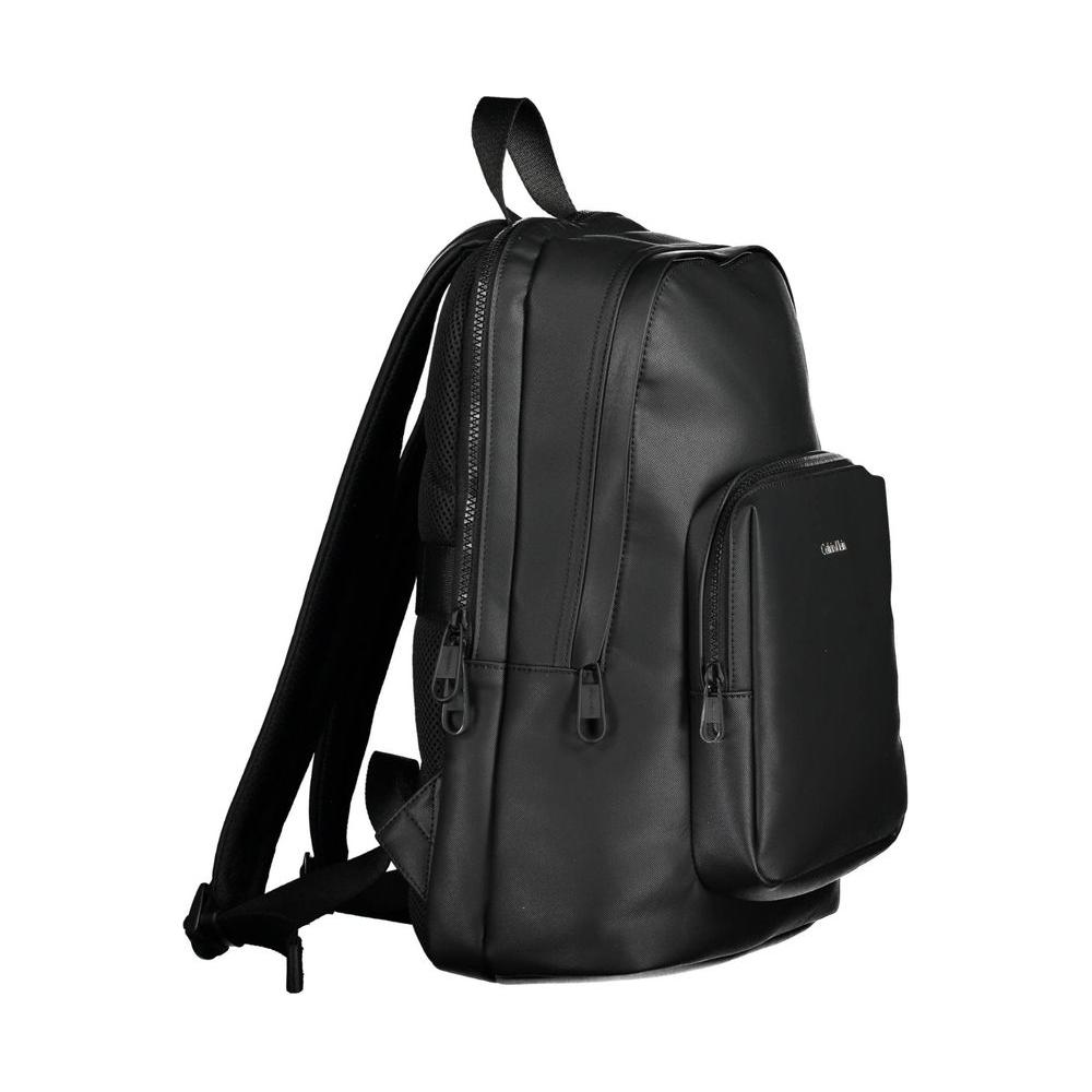 Calvin Klein black polyester men's backpack with eco-friendly design, featuring a laptop pocket and adjustable straps for comfort.