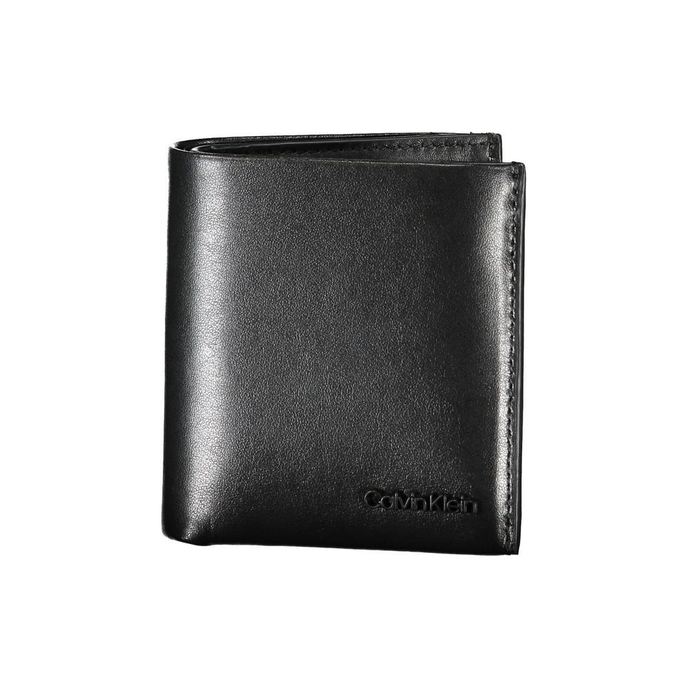 Calvin Klein sleek black leather RFID wallet with logo, modern design, security features, double card-holder, coin purse.