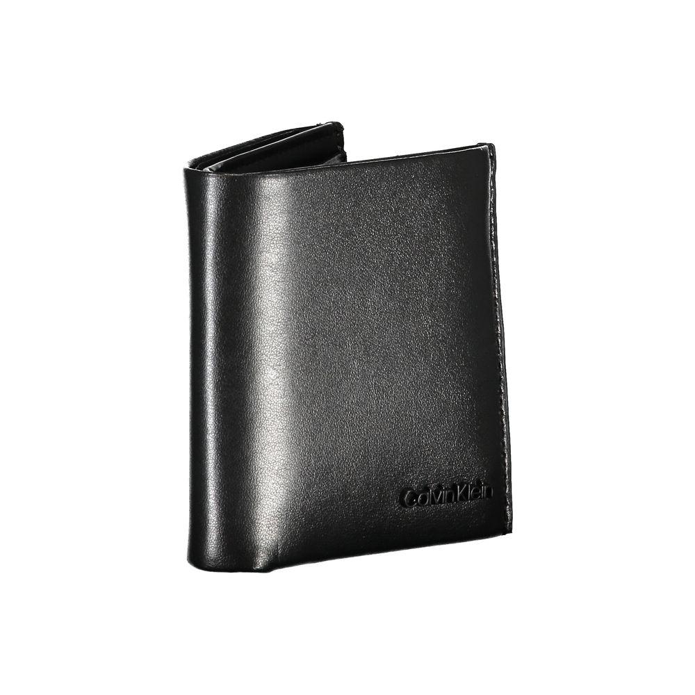 Calvin Klein sleek black leather RFID wallet with iconic logo, two compartments, coin purse, and card slots for modern style and security.