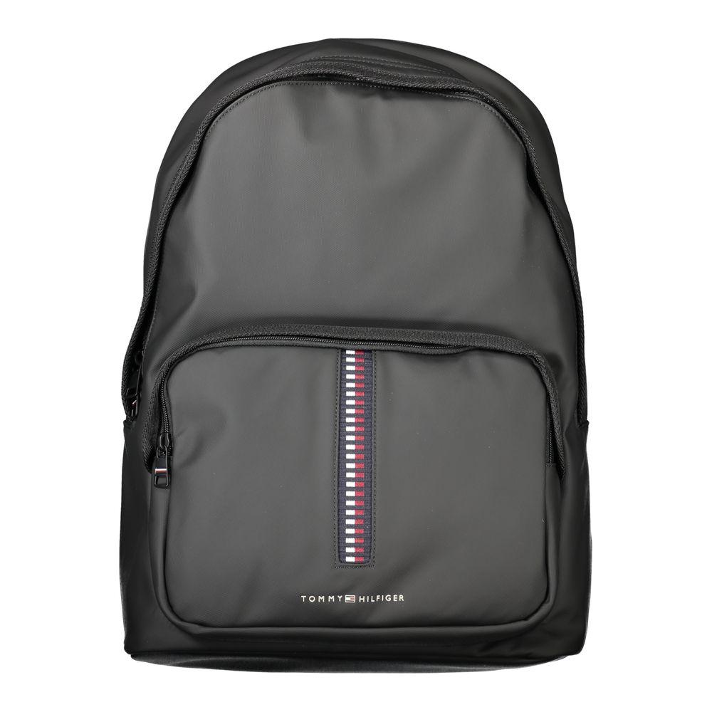 Tommy Hilfiger black polyethylene men’s backpack with logo and laptop compartment, sleek design for modern trendsetters.