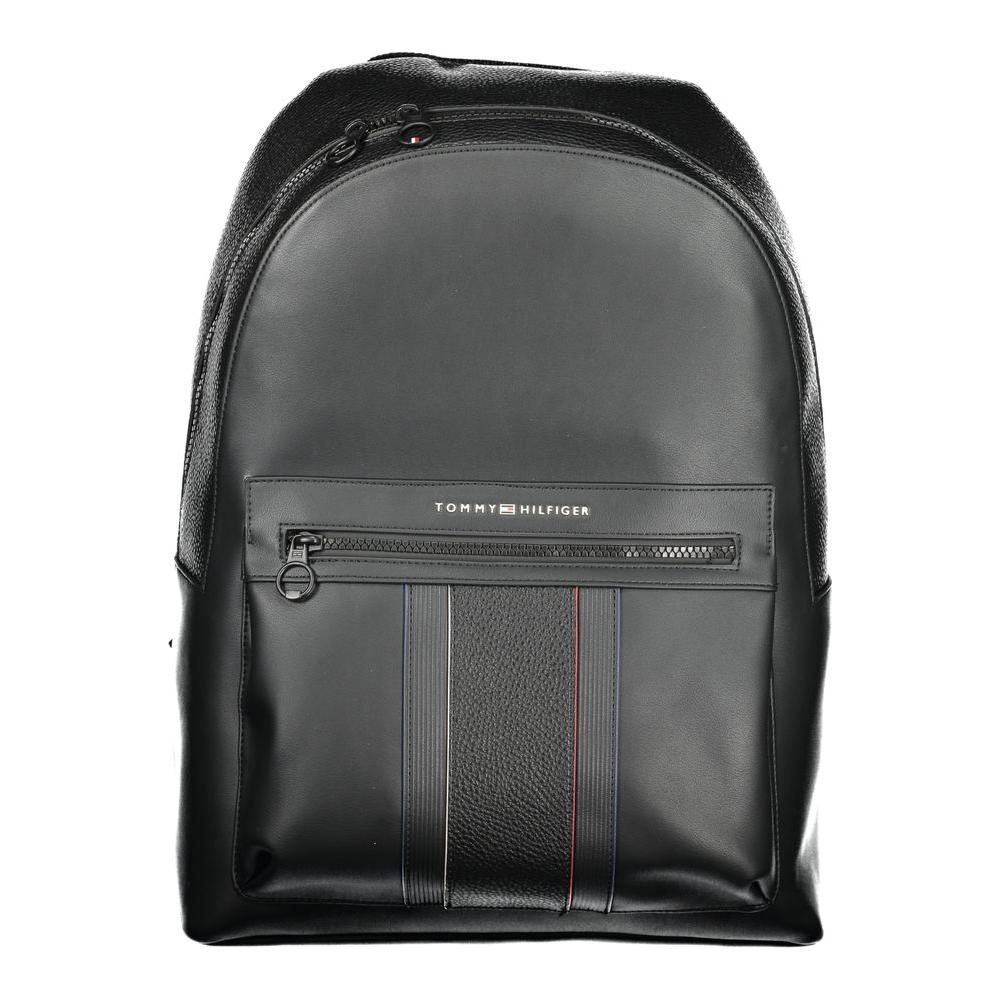 Tommy Hilfiger black polyester men's backpack with adjustable straps, external pocket, and laptop compartment for stylish utility.