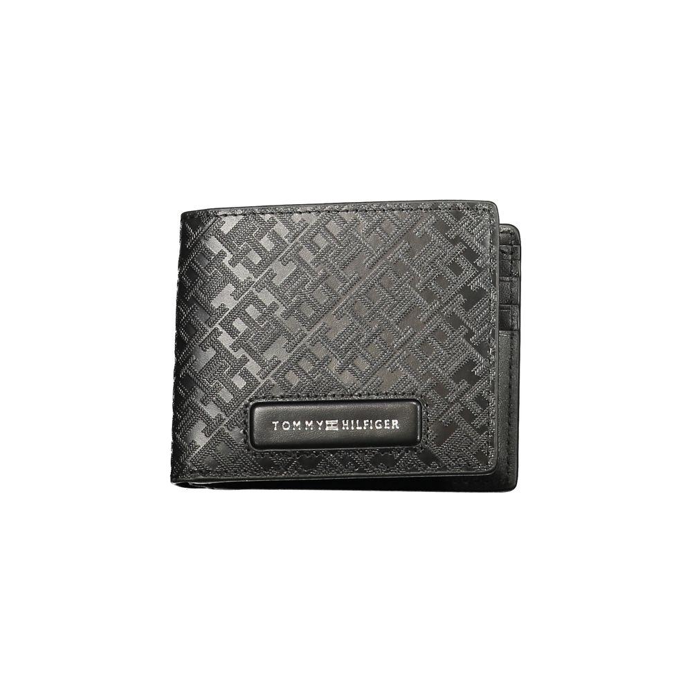 Tommy Hilfiger black leather men's wallet with embossed logo and double card spaces, showcasing sleek sophistication and iconic style.