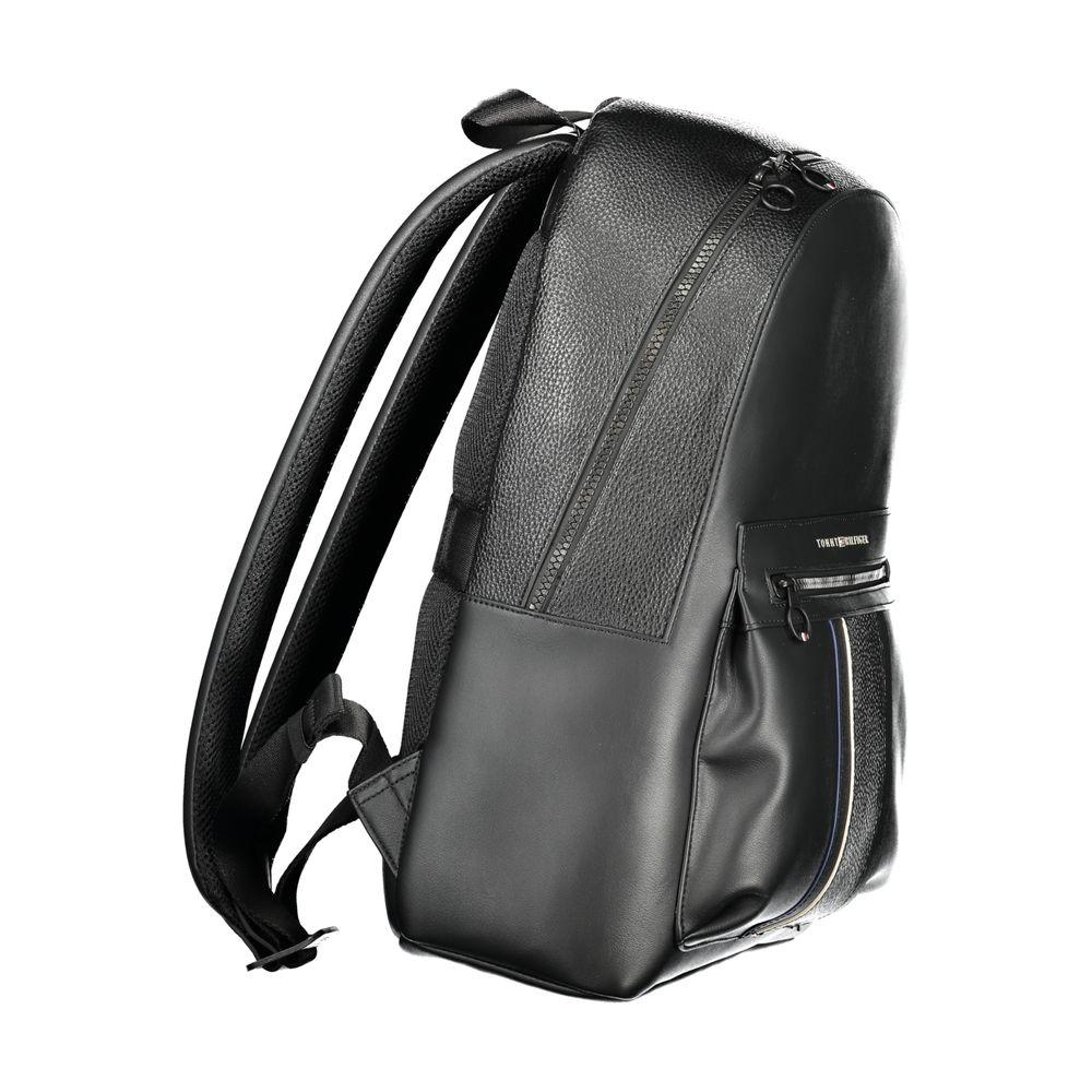 Tommy Hilfiger black polyester men’s backpack with adjustable straps and external pocket, featuring stylish and practical design.