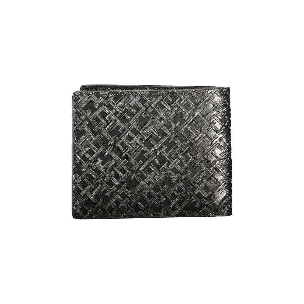 Tommy Hilfiger black leather men's wallet with embossed pattern, double card spaces, and logo.