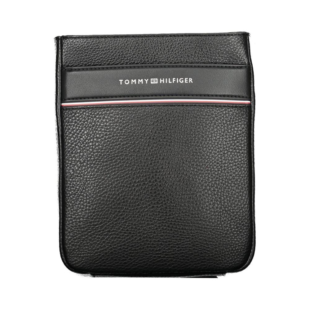 Tommy Hilfiger black polyethylene men's shoulder bag with logo and adjustable strap, featuring external and internal pockets for organization.