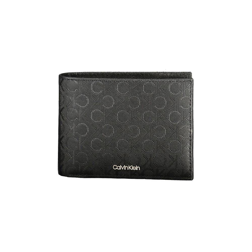 Calvin Klein black leather men's wallet with embossed design, featuring spacious compartments and RFID protection.