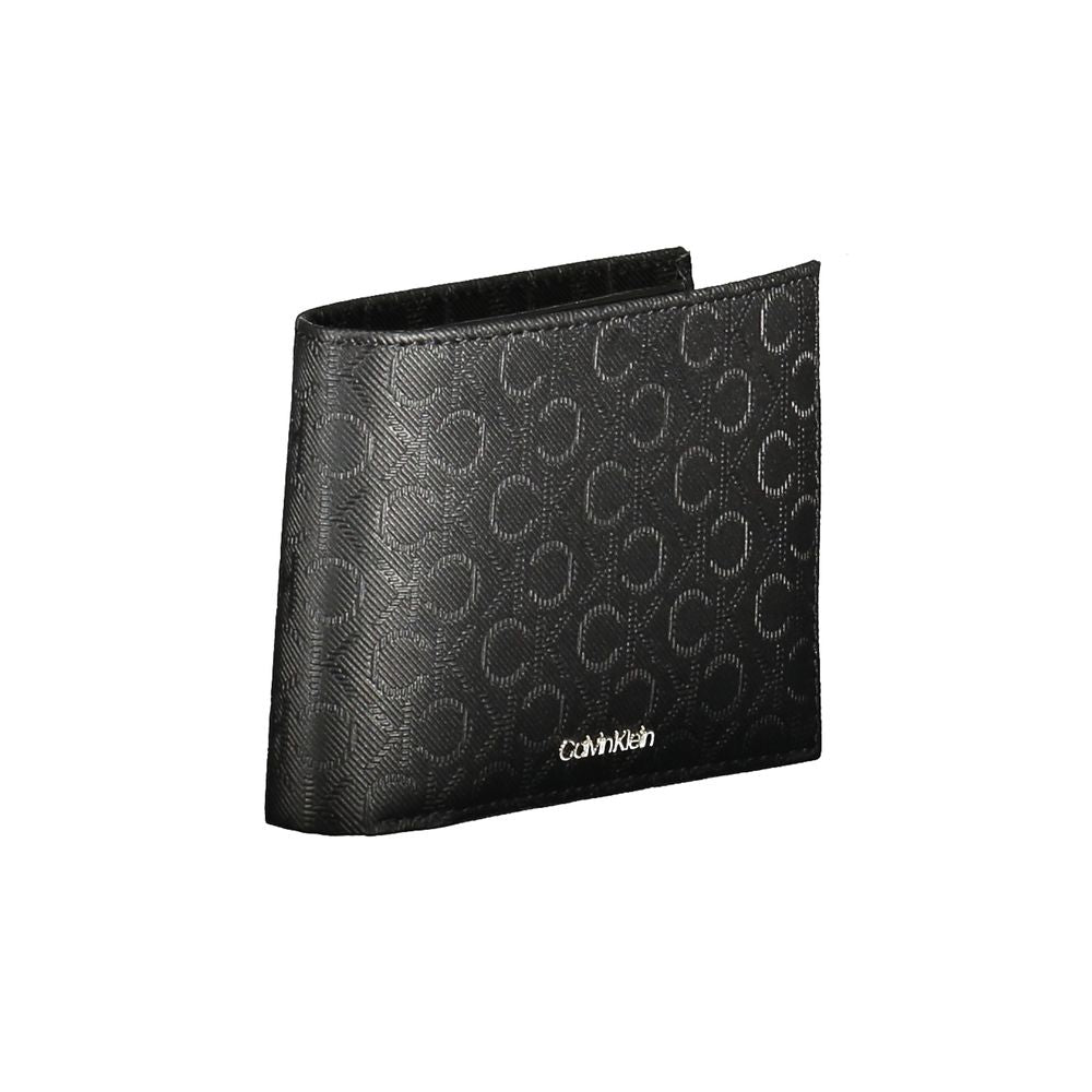 Calvin Klein black leather men's wallet with stylish monogram design and RFID protection, featuring multiple compartments and card slots.