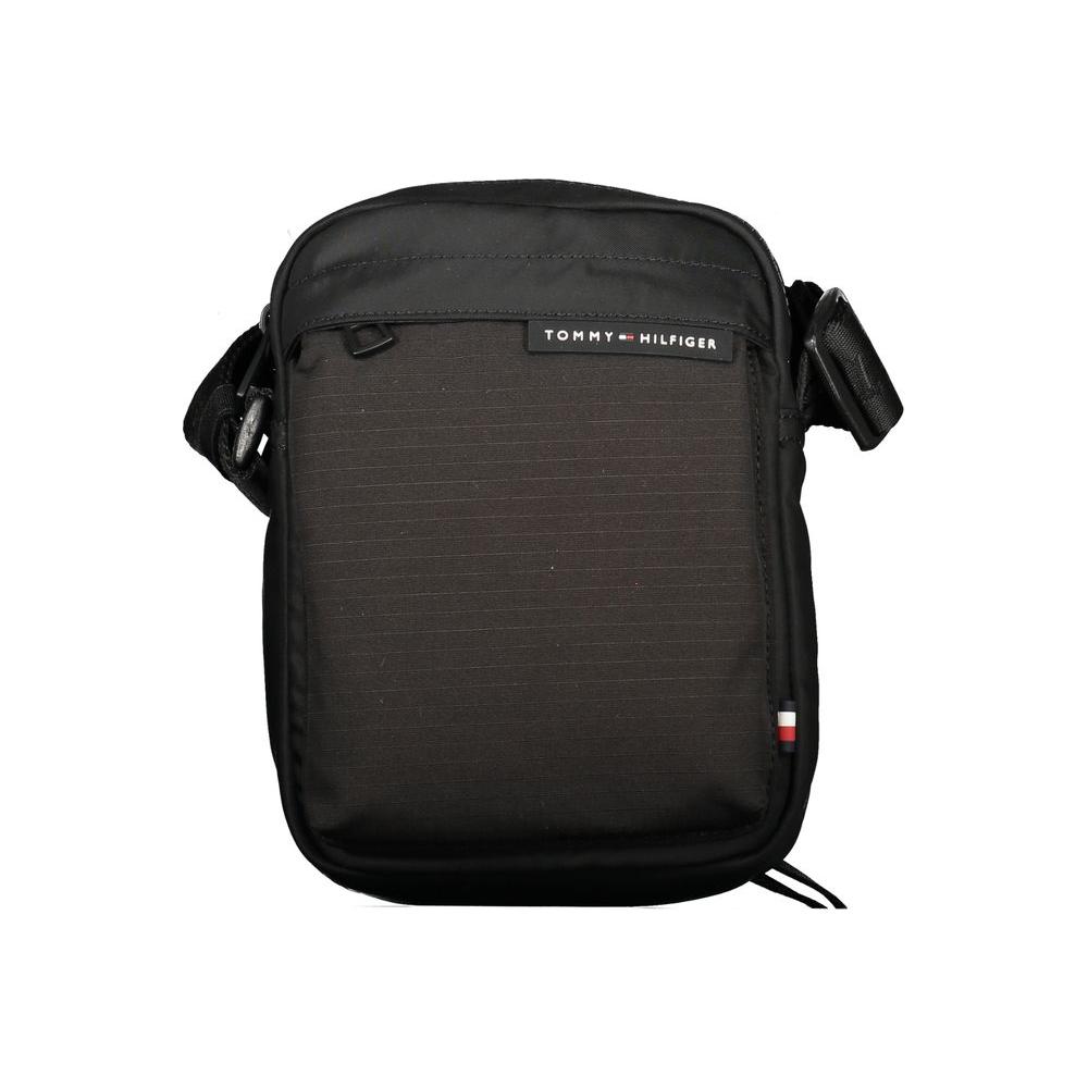 Tommy Hilfiger black recycled polyester men's shoulder bag with adjustable strap, perfect for stylish and eco-conscious accessory lovers.