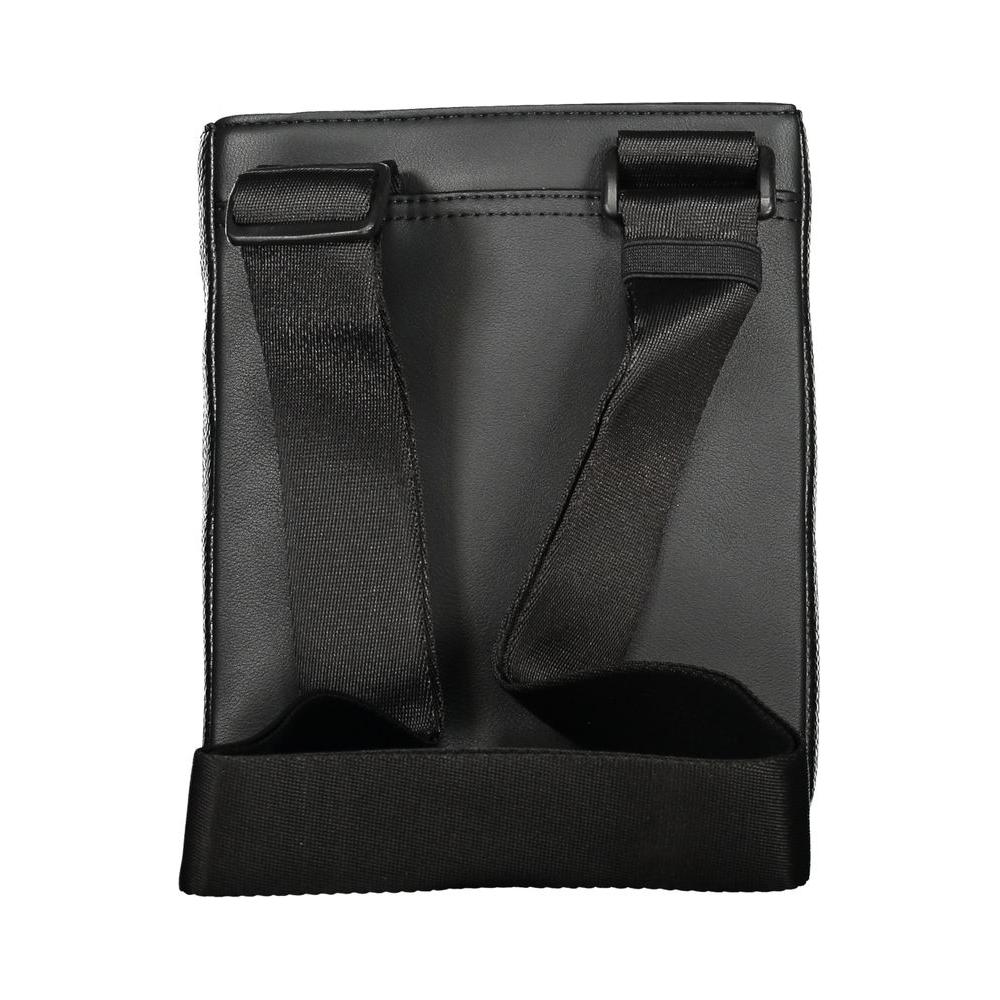 Back view of Tommy Hilfiger black polyethylene men's shoulder bag with adjustable straps.