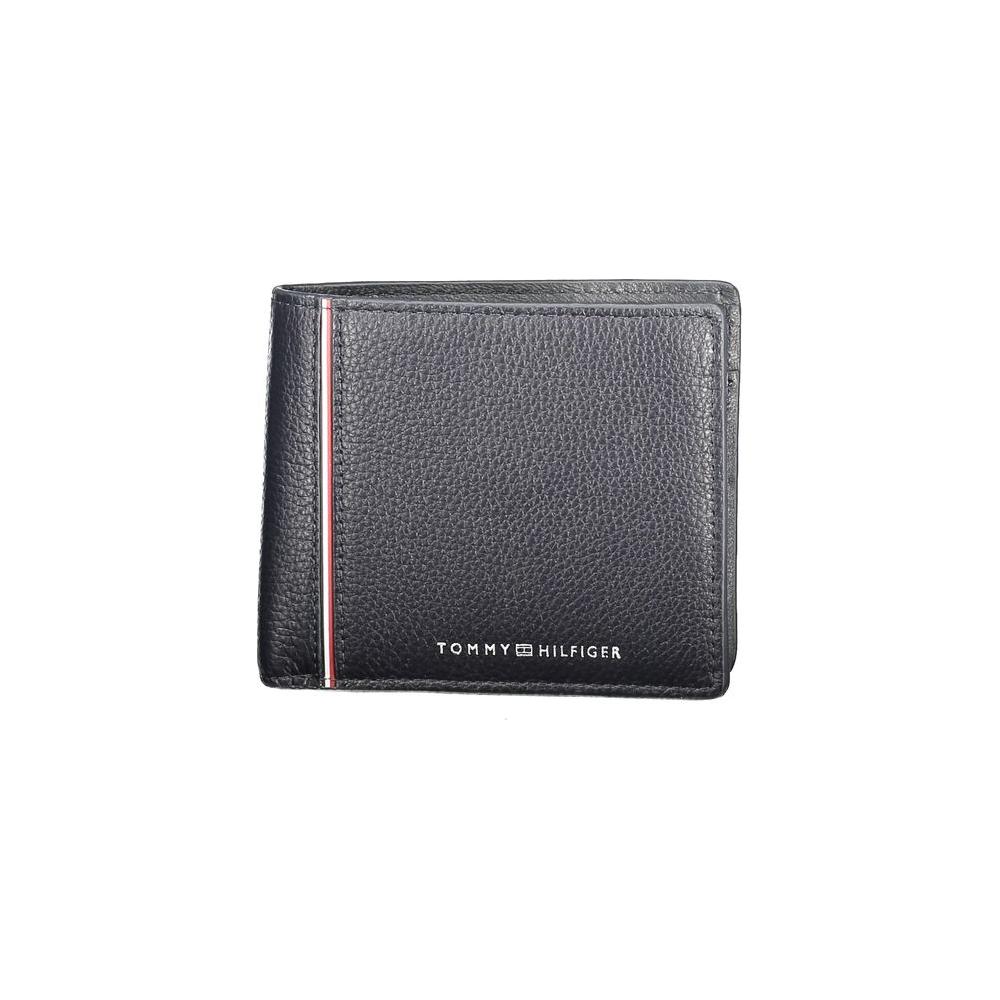 Tommy Hilfiger blue leather men's wallet with logo, featuring card slots, cash compartments, and coin purse for stylish organization.