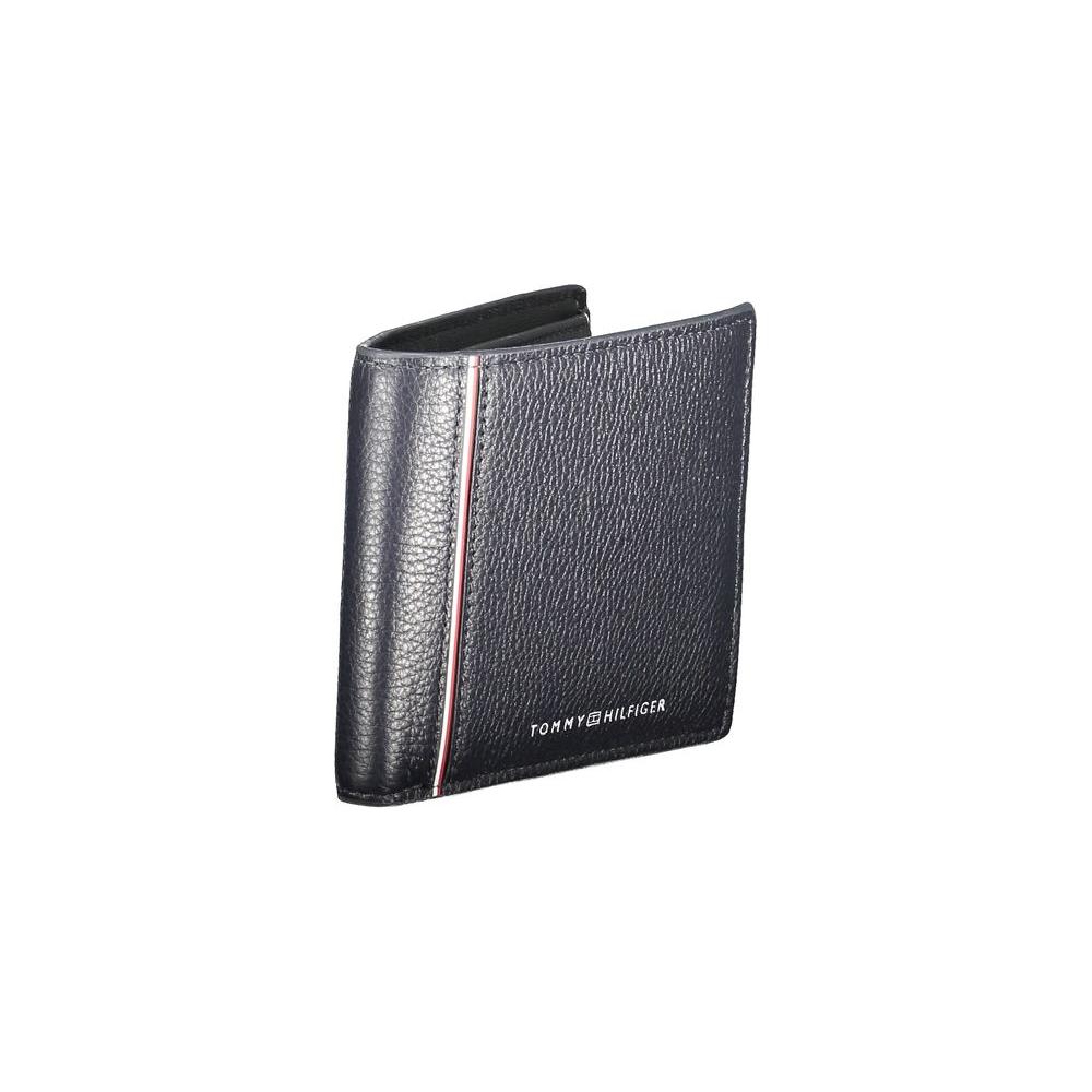 Tommy Hilfiger blue leather men's wallet with multiple compartments and coin purse, showcasing sleek design and luxury craftsmanship.