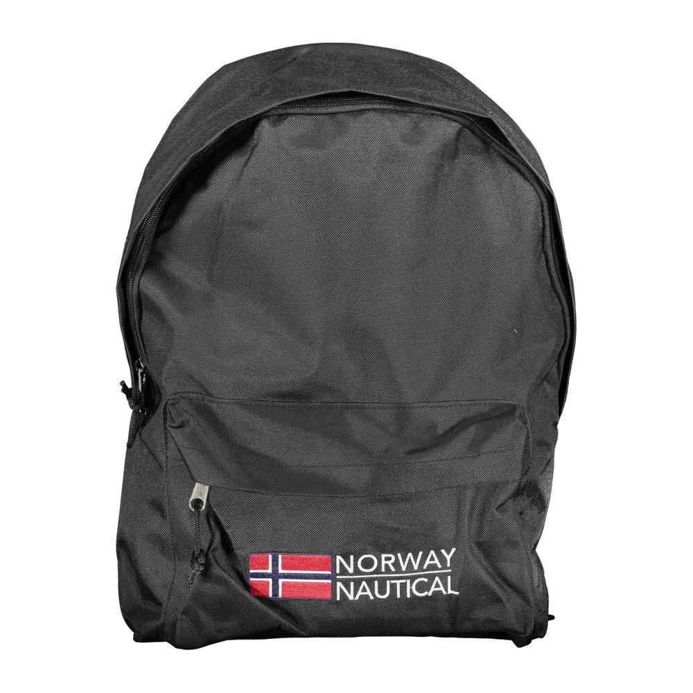 Black Norway 1963 polyester backpack with handle, adjustable straps, external pocket, zip closure, and embroidered Norway Nautical logo.